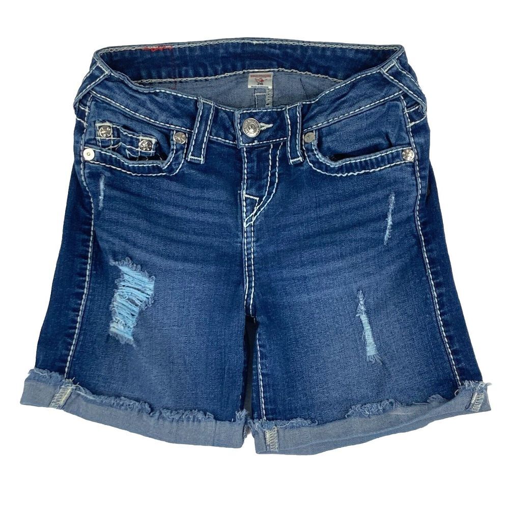 True Religion Womens Low Rise Cut Off Jean Shorts Distressed Size 26